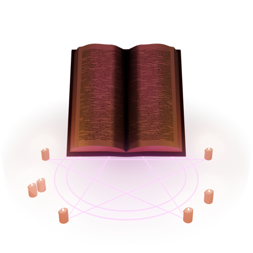 A grimoire floating above a glowing purple pentagram